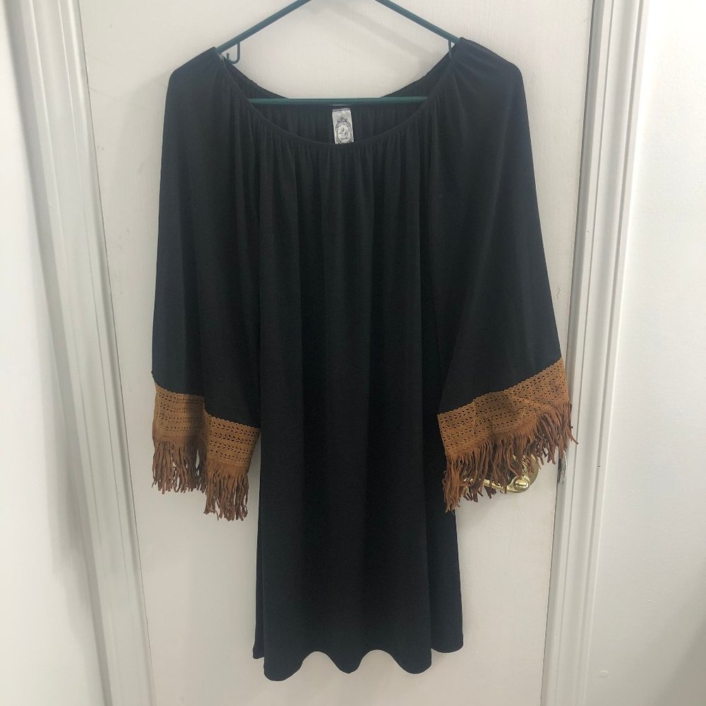 NWOT Cute Black Dress with Brown Fringe Detail